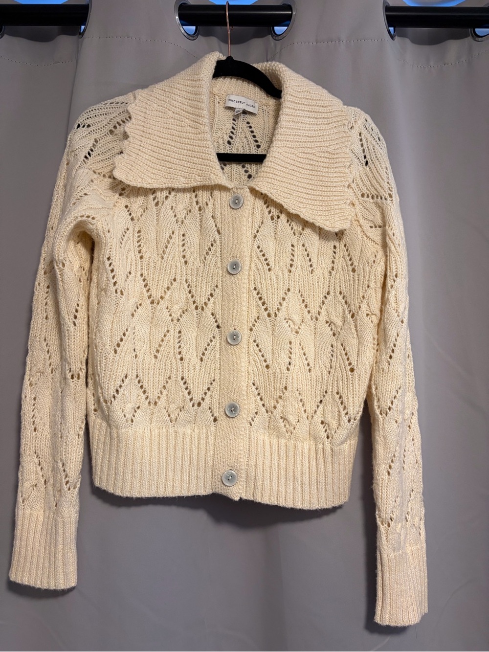 Sincerely Jules Cream Open-Knit Button Cardigan with Wide Collar